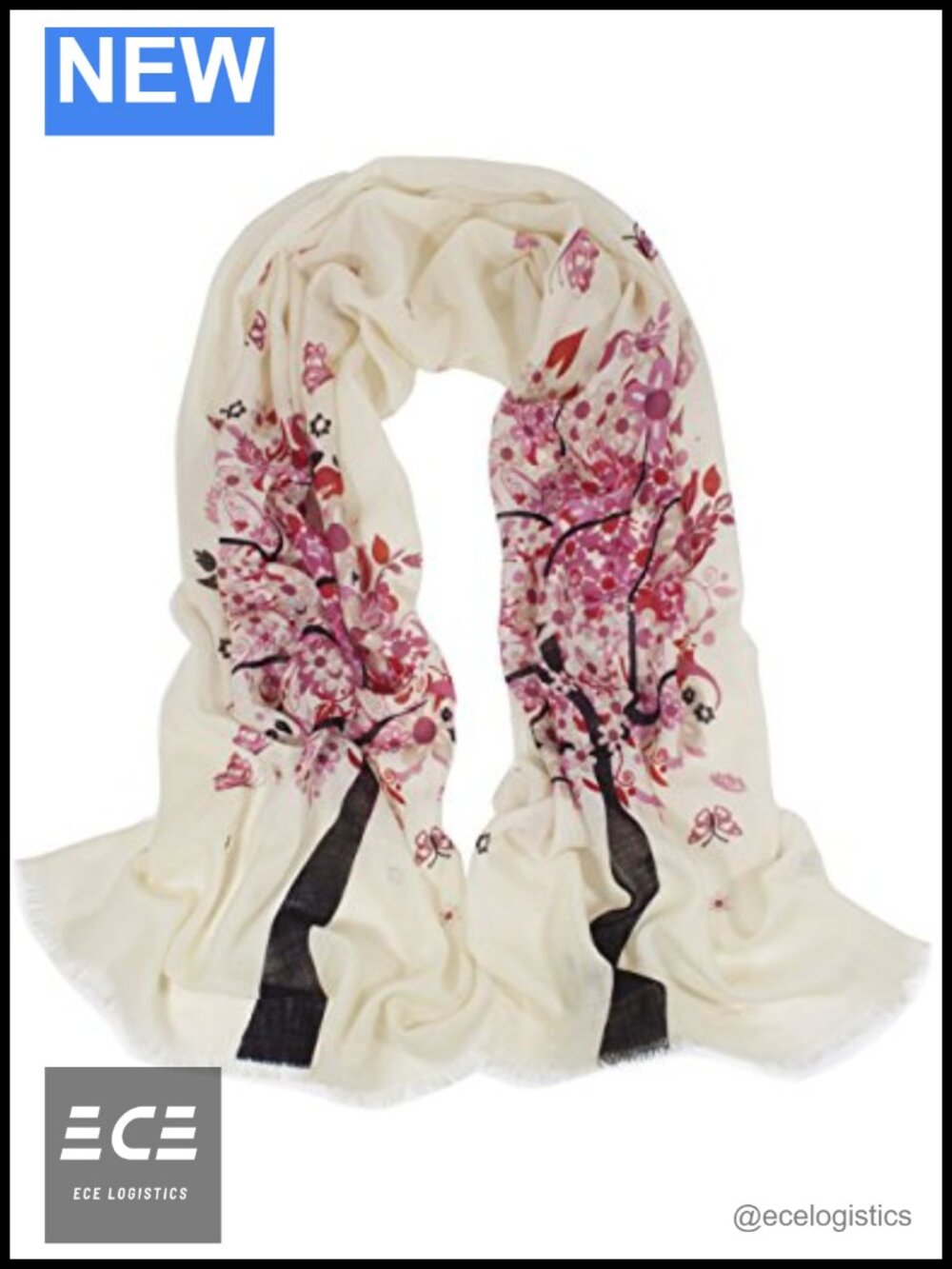 100% Merino Wool Scarf Wrap Shawl Ink Painting Flower Style 25.5x67in